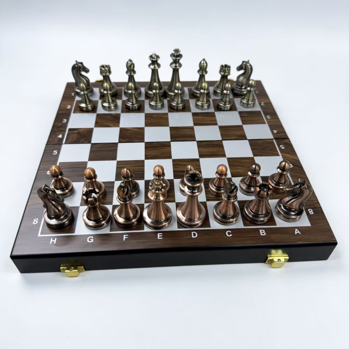Chess Set Wooden - Metal Satranç Takımı, Katlanabilir Ahşap Saklama